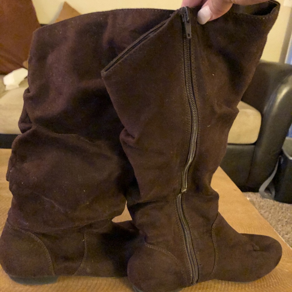 Brown Suede Material Calf High Boots